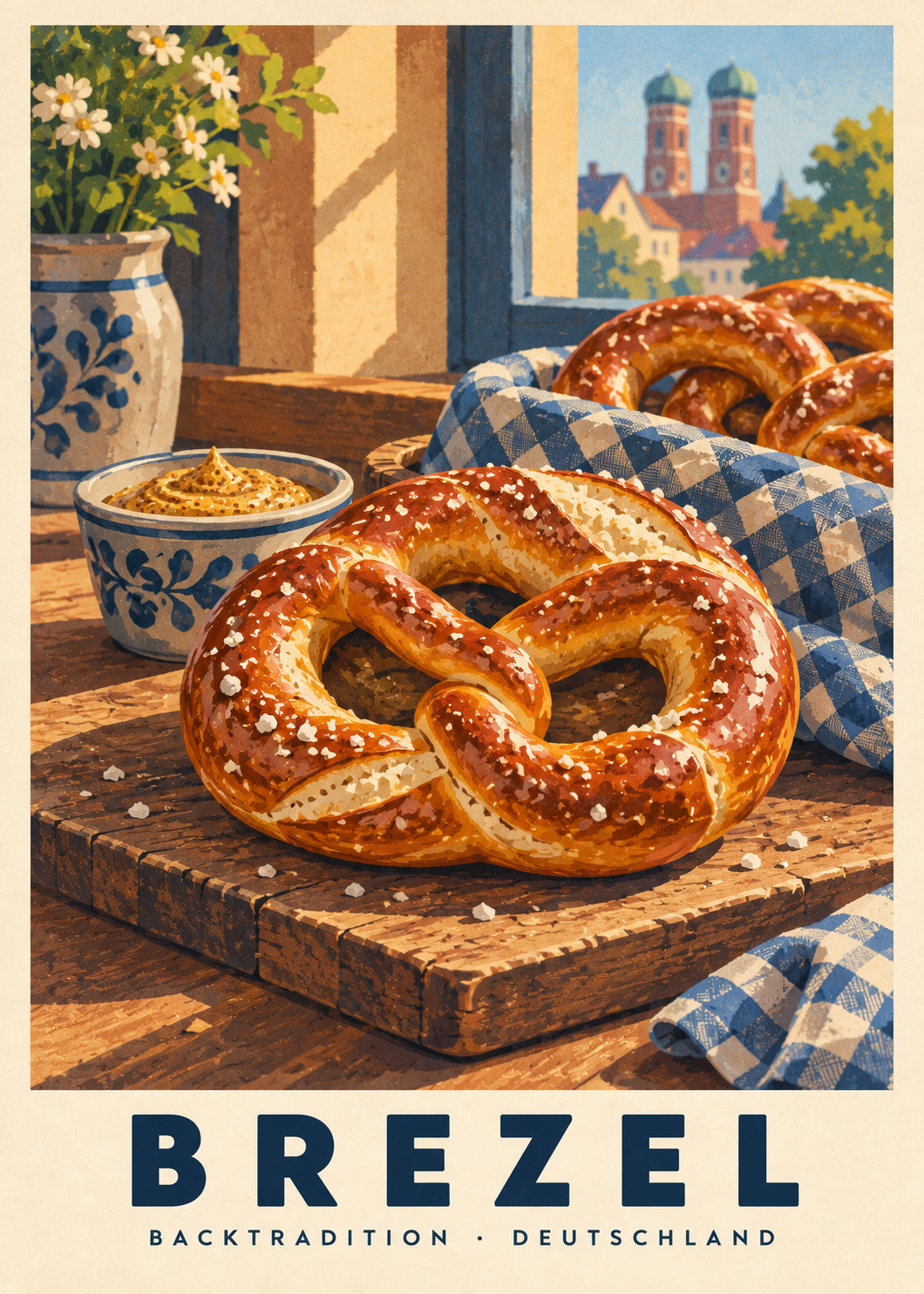 Brezel, ren poster från Kanva. Motiv: Mat. Huvudfärger: Brun, Blå.
