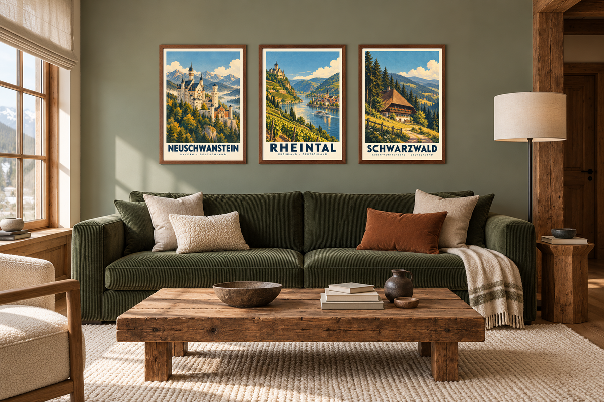 Tavelvägg Landschaft und Sehnsucht med Neuschwanstein, Rheintal, Schwarzwald. Ramar säljs separat.