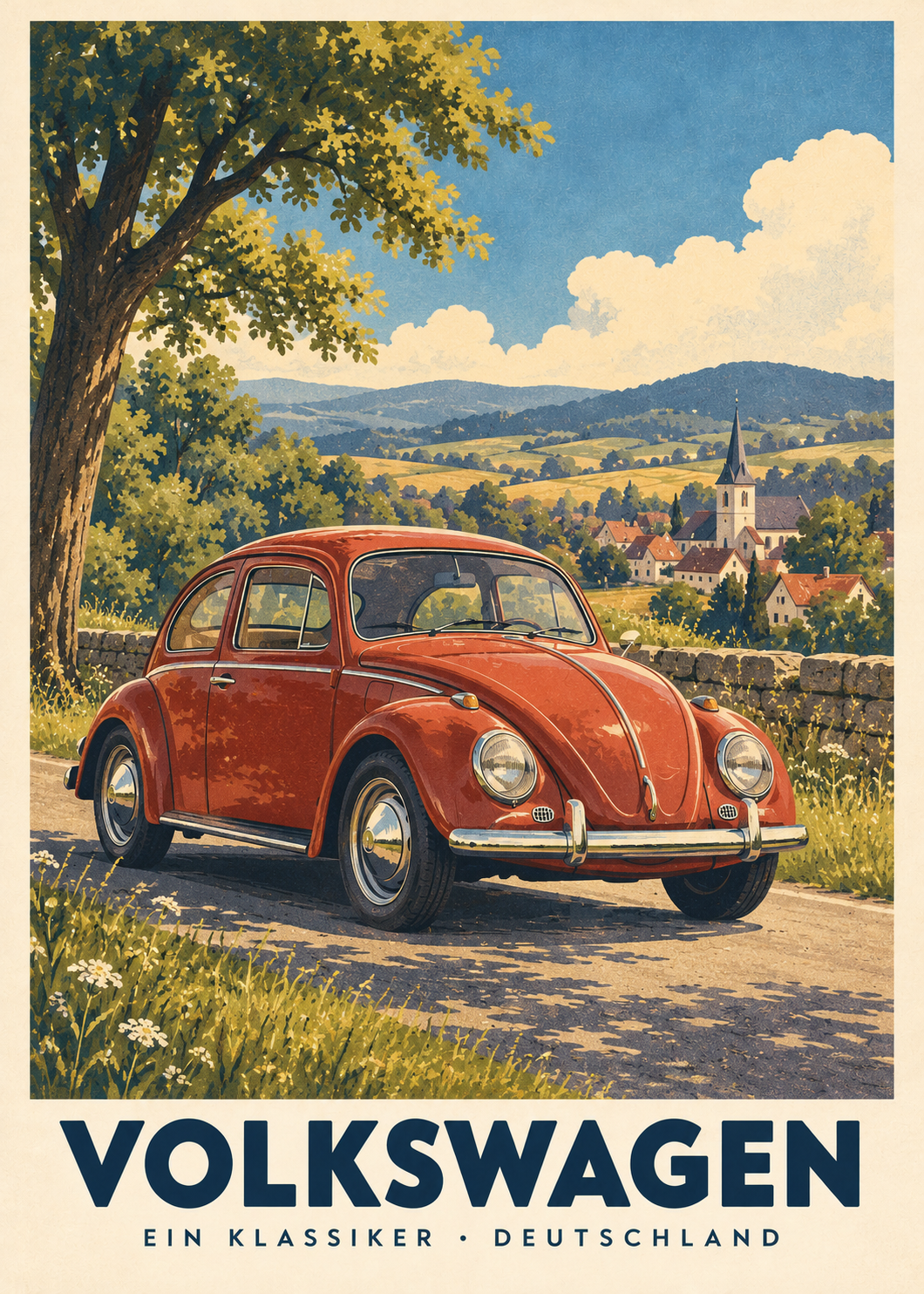 Volkswagen, ren poster från Kanva. Motiv: Bilar. Huvudfärger: Röd, Grön, Blå.
