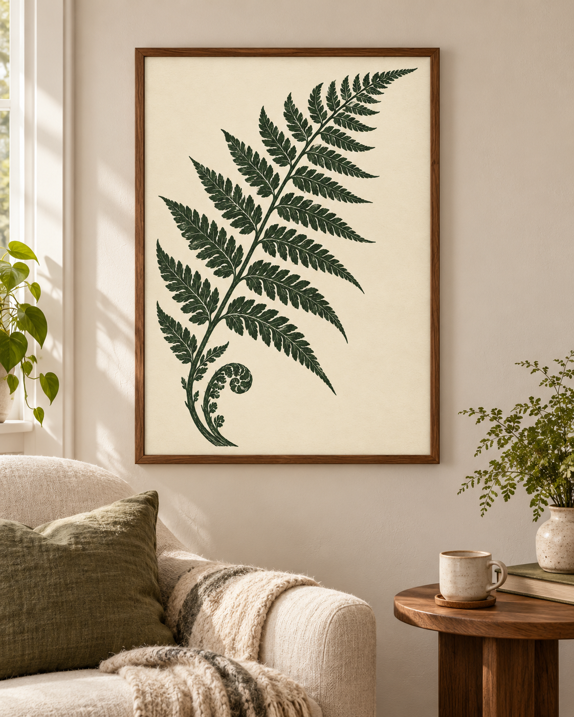Ormbunkens båge poster från Kanva i hemmiljö med valnötsfärgad träram. Ram säljs separat.