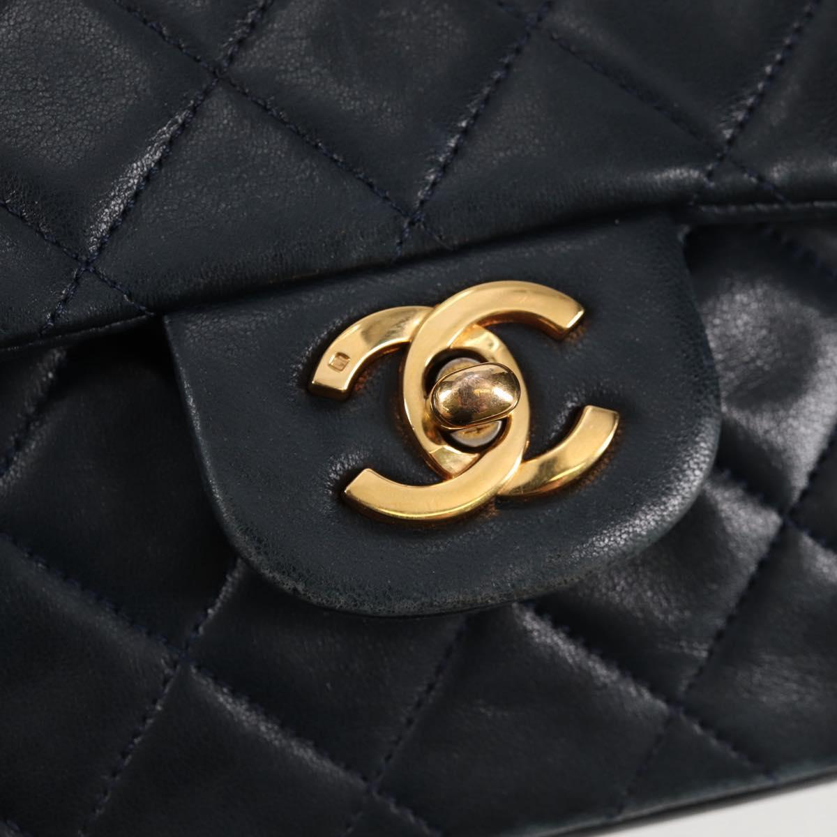 Matelasse 25 Double Flap Chain Bag Lamb Skin Navy Gold CC