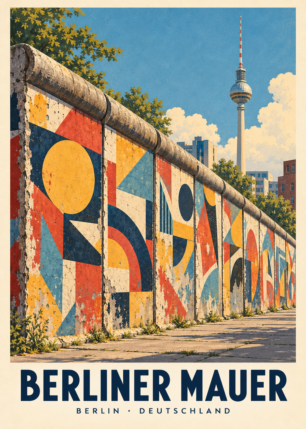 Berliner Mauer, ren poster med geometrisk mur och Fernsehturm i blått, gult och rött.