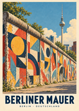 Berliner Mauer, ren poster med geometrisk mur och Fernsehturm i blått, gult och rött.