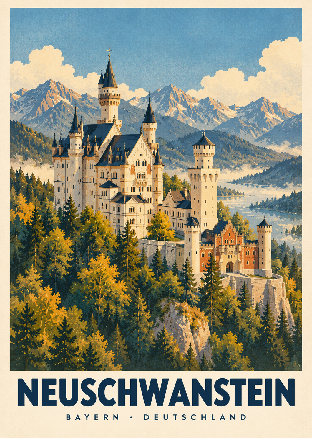 Neuschwanstein, ren poster från Kanva. Motiv: Städer & arkitektur, Natur & landskap. Huvudfärger: Blå, Grön, Beige.