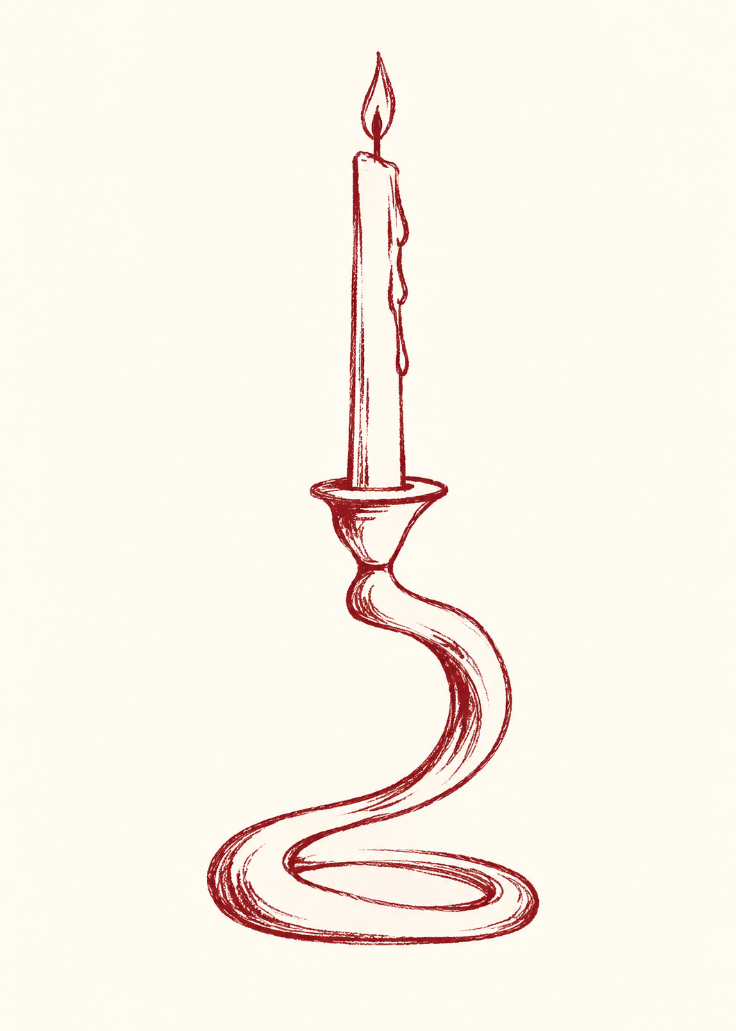 Ljusbåge poster från Kanva. Linjeteckning av ljusstake. Huvudfärger: Rött.