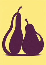 Päronpar poster från Kanva. Grafisk fruktillustration med päron. Huvudfärger: Lila, Gult.