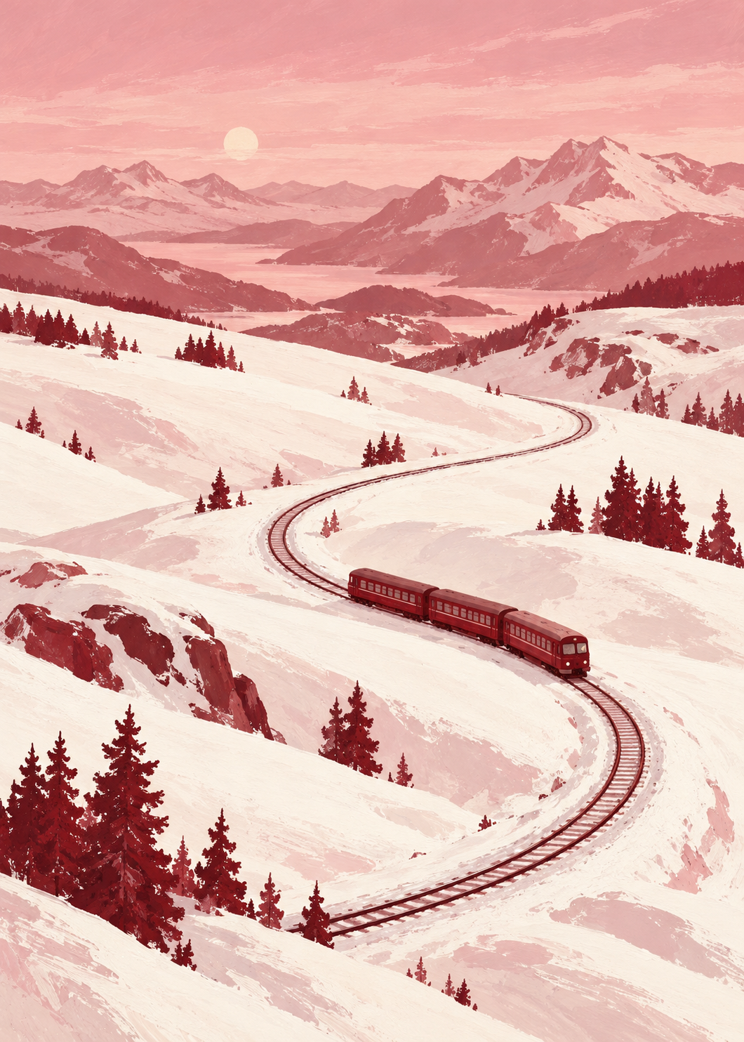 Tågets kurva från Kanva. Ett tåg genom ett snölandskap. Huvudfärger: Rosa, Vitt, Vinrött.